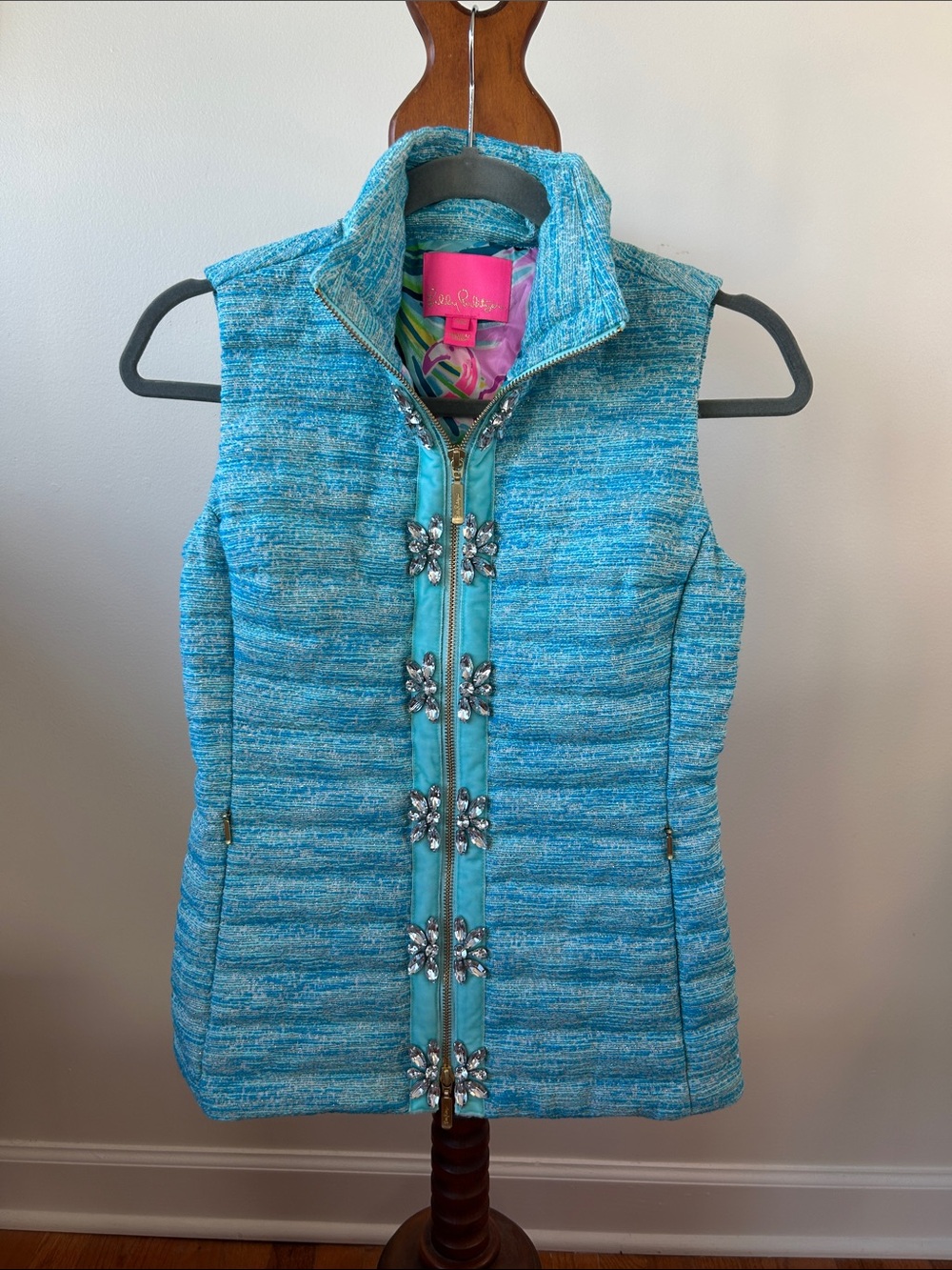 Lilly Pulitzer Aqua Quilted Vest with Jewel Accents Pristine NWOT Size XXS